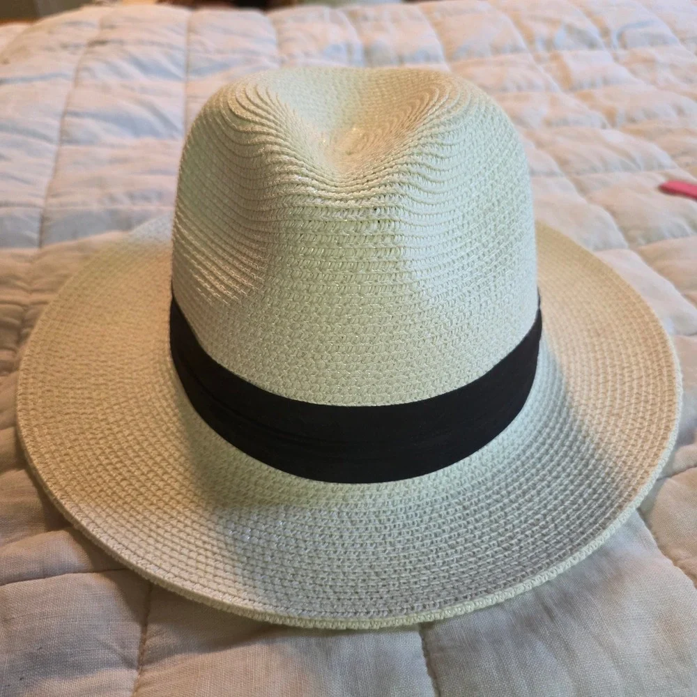 Paper Straw Fedora Hat Women Medium Ivory Black Ribbon Adjustable Sun Beach Hat